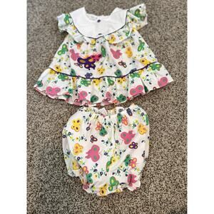 Vintage Baby Tiny Town Smock Embroidered Dress Set Size 24 Months Butterfly